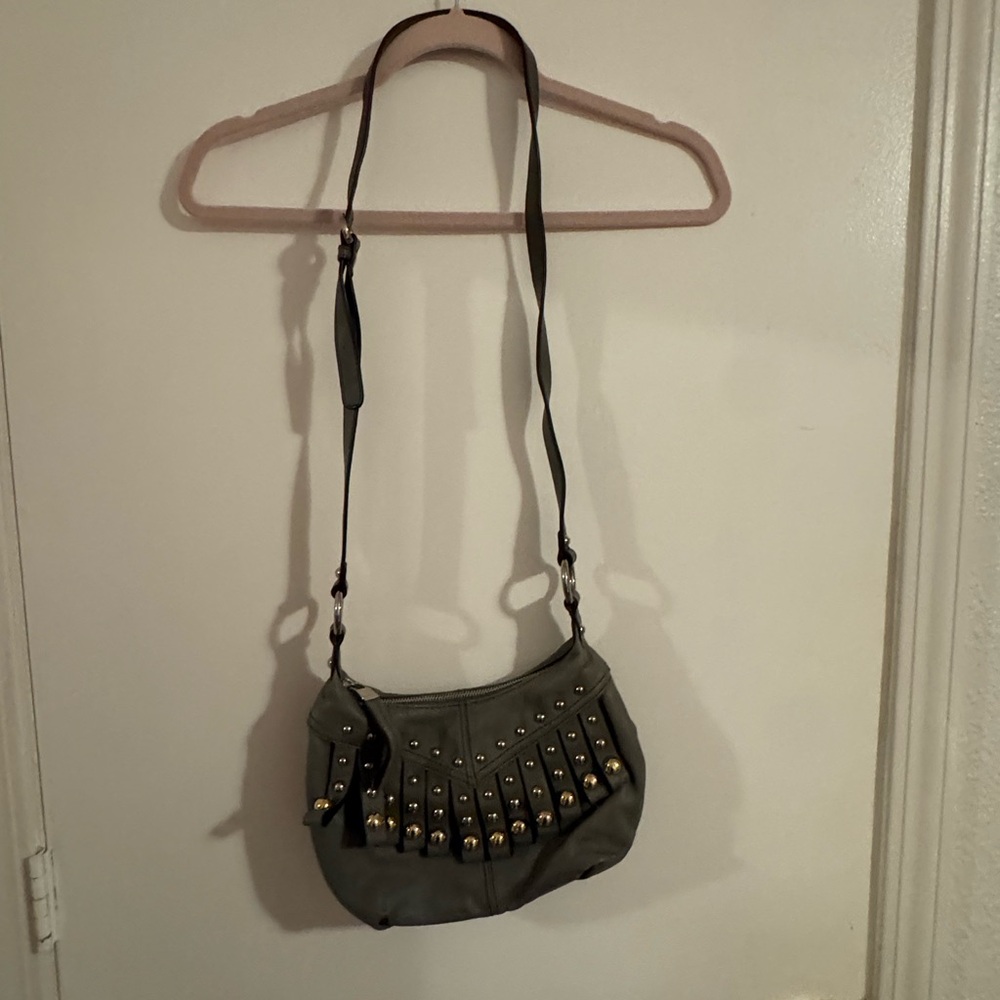 B. Makowsky Gold Studded Gray Crossbody Bag